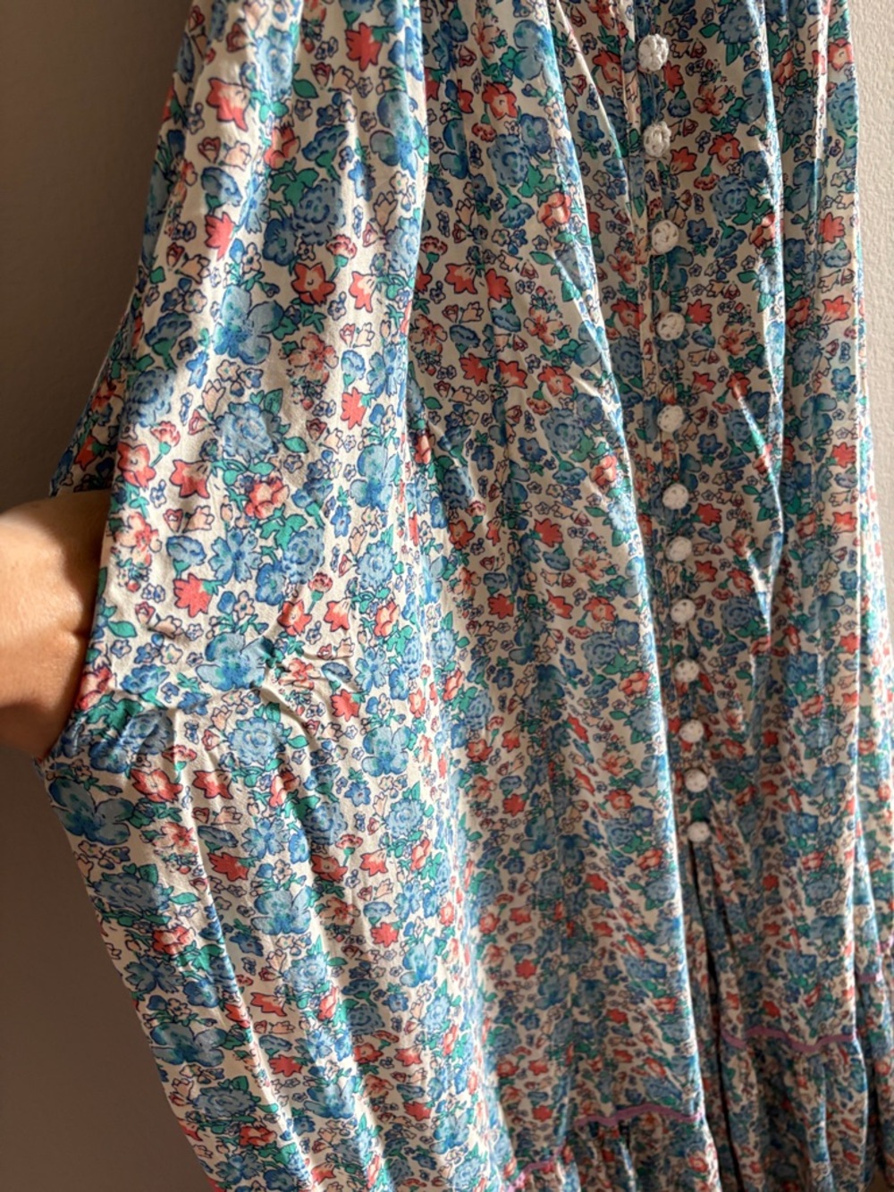 Free People Molly Jo Midi Dress Smocked Blossom Combo Blue Bohemian Size L - Picture 9 of 13